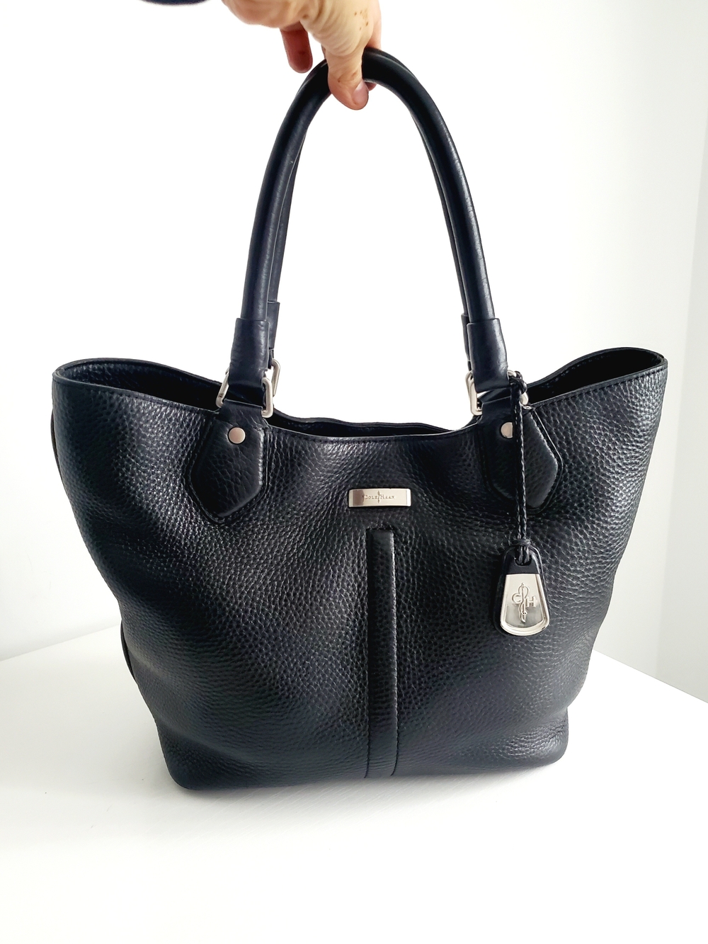 Cole Haan Black Pebbled Leather Tote with Logo Charm